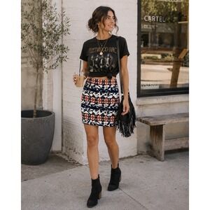 Renee C Womens Geometric Ikat Pencil Skirt Navy Blue Orange Boho Midi Size 4